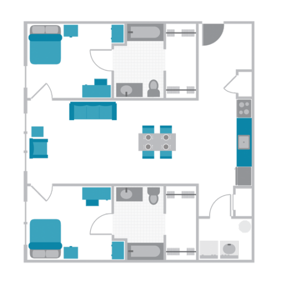 A 3D image of the 2BR/2BA floorplan, a 954 squarefoot, 2 bed / 2 bath unit